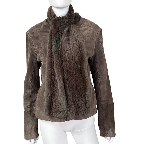 Jones New York Jacket Womens L Brown Suede Leather Removable Rabbit Fur Scarf - Picture 1 of 13
